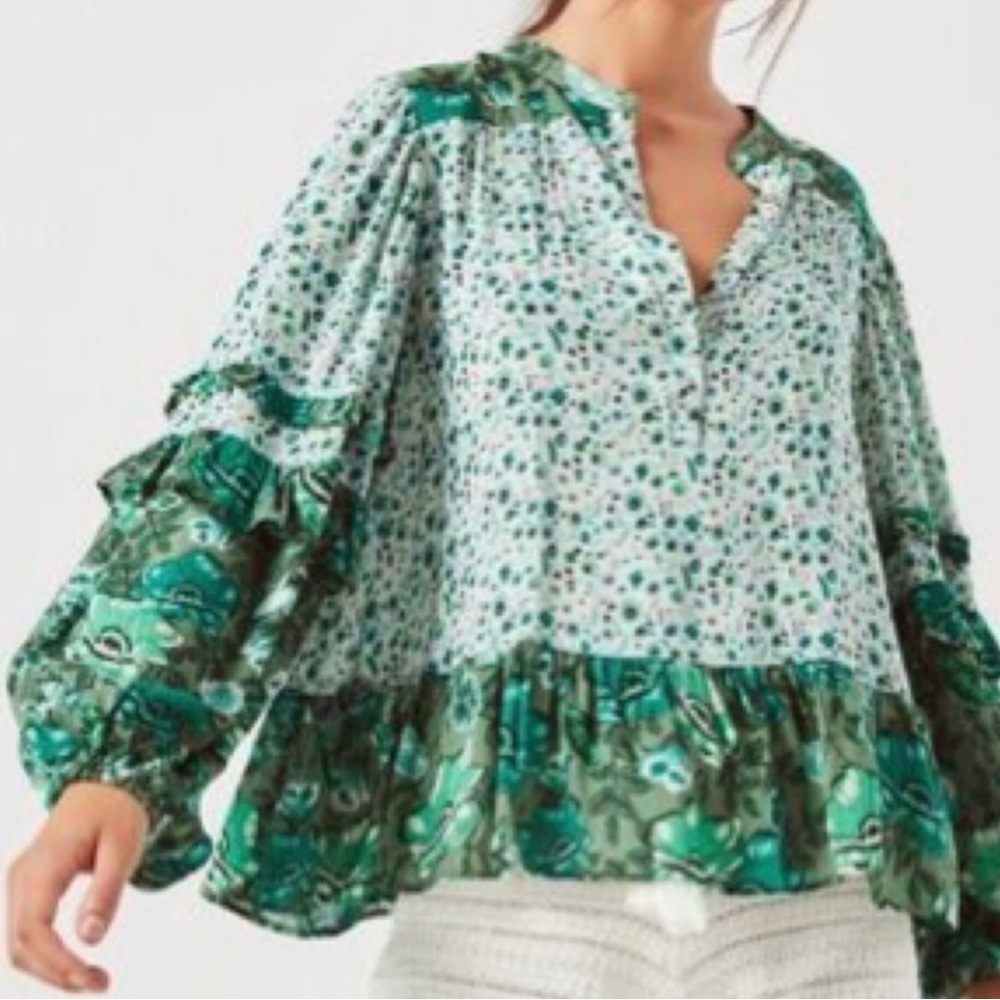 Peasant Gypsy Ballon Long Sleeve Tiered Floral Print Top Women’s Size Small NWOT